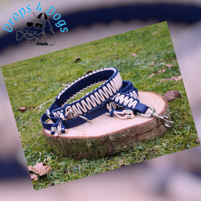 Handgemachtes Hundehalsband und Leinen-Set Modell Marine Sand aus der Ocean Collection, gefertigt aus dunkelblauer Biothane und cremefarbene