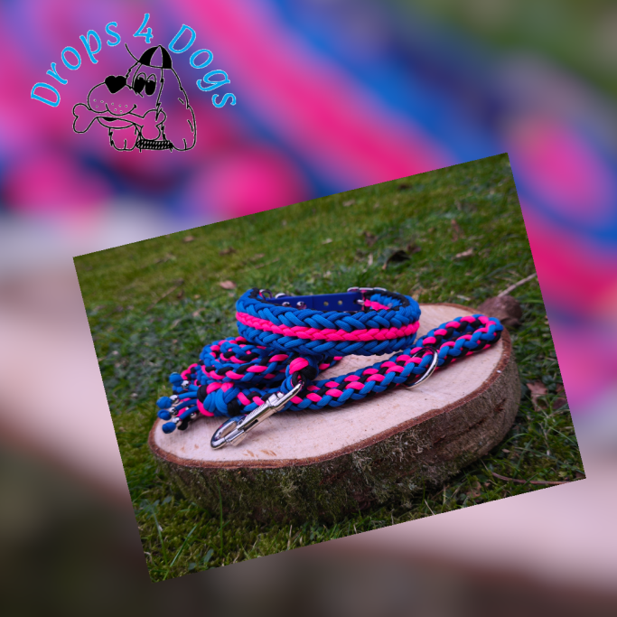 Handgemachtes Hundehalsband und Leinen-Set Modell PinkLine Pro aus blauem Biothane mit einer geflochtenen Paracord-Auflage in Blau, Pink und