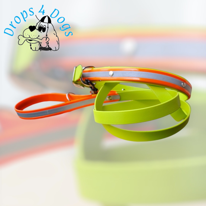 Neon-oranges und apfelgrünes Hundehalsband- und Leinen-Set Modell Safety Glow aus Biothane mit integrierten, silbernen Reflektorstreifen.